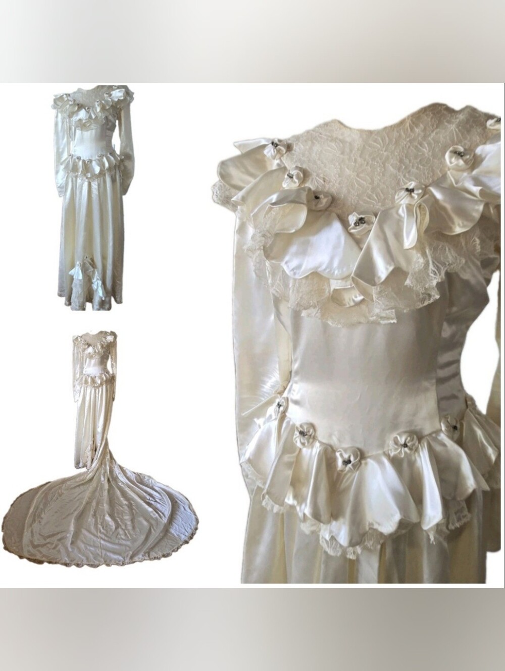 Vtg 80s Ivory Satin Wedding Gown, Romantic, Lace, Ruffle